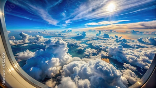 Spectacular bird's eye view of fluffy white clouds and endless blue horizon stretching to the distance from an airplane window at cruising altitude. photo