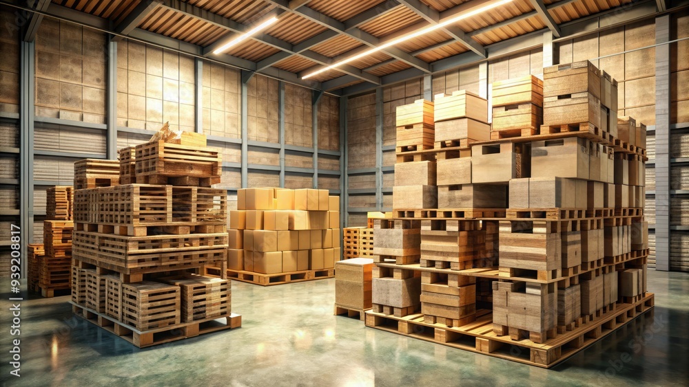 Stacked wooden pallets filled with brown cardboard boxes, some with torn edges, amidst a cluttered warehouse or storage room with dim lighting and worn concrete floor. Stacked wooden pallets filled with brown cardboard boxes, some with torn edges, amidst a cluttered warehouse or storage room with dim lighting and worn concrete floor.