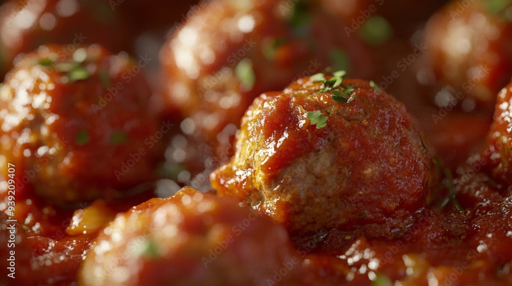 Close-up of delicious meatballs in rich tomato sauce, garnished with fresh herbs. Perfect for Italian cuisine or comfort food themes. Close-up of delicious meatballs in rich tomato sauce, garnished with fresh herbs. Perfect for Italian cuisine or comfort food themes.