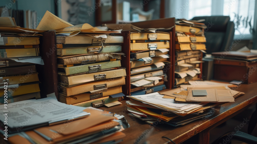 Fototapeta premium Piles of organized and chaotic paperwork dominate a desk in a warm, inviting office filled with natural light