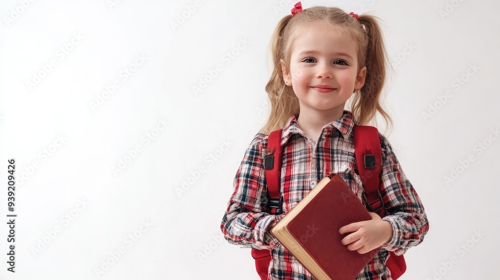 Cute little girl with book and backpack on white background Cute little girl with book and backpack on white background