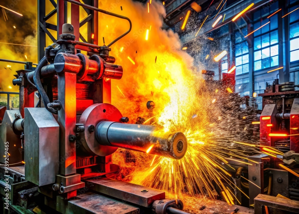 Machinery Malfunction Frenzy: Red, yellow, black, chaotic, explosive