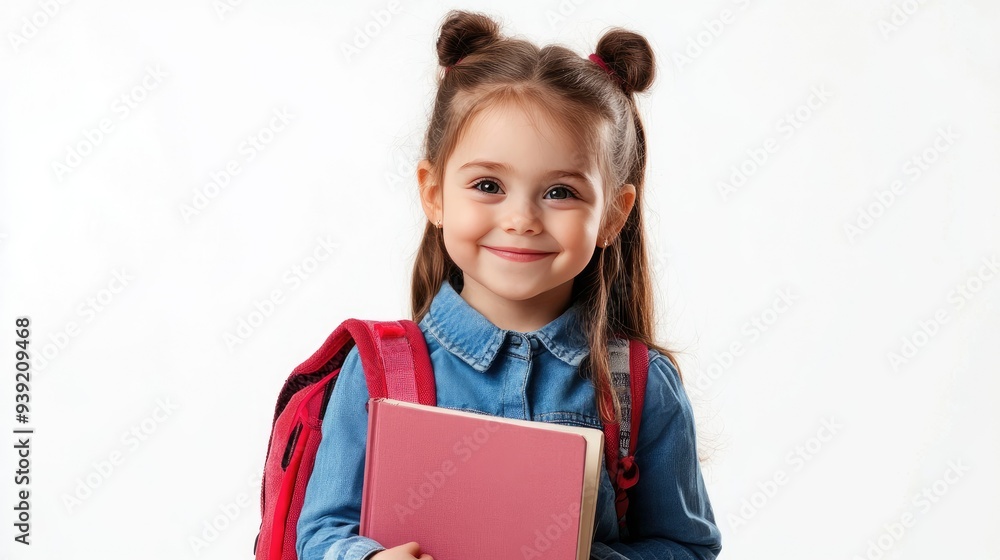 Cute little girl with book and backpack on white background Cute little girl with book and backpack on white background