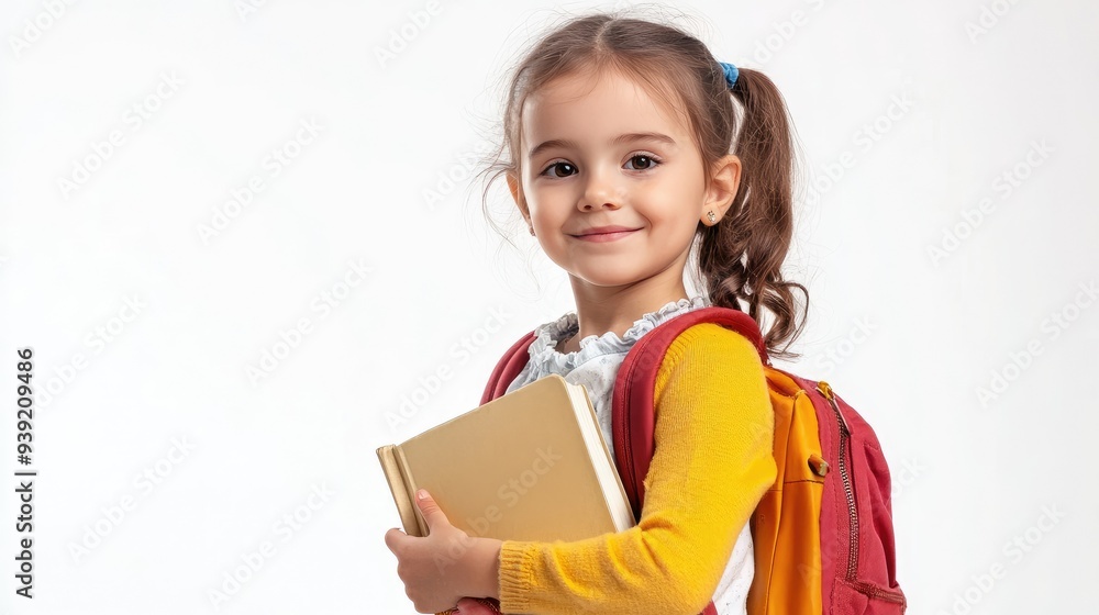 Cute little girl with book and backpack on white background Cute little girl with book and backpack on white background
