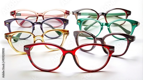 Stylish, modern eyeglass frames in various colors and shapes, including round, rectangular, and cat-eye designs, sit on a clean white background, waiting for lenses.