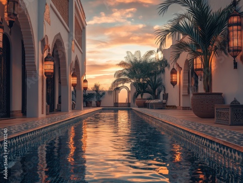 A long pool with a beautiful sunset in the background