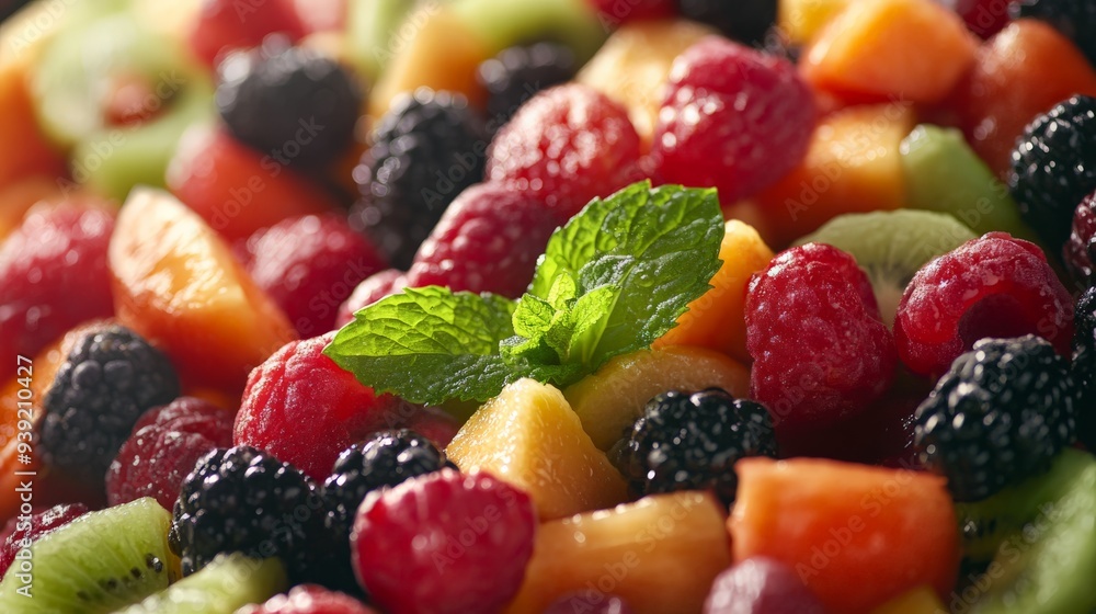 Close-up of fresh fruit salad, featuring berries, melons, and mint leaves. Perfect for healthy eating and summer refreshment. Close-up of fresh fruit salad, featuring berries, melons, and mint leaves. Perfect for healthy eating and summer refreshment.
