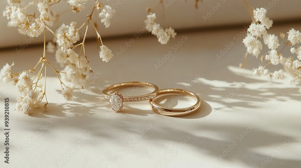 Elegant wedding rings placed on beige surface in light room with minimalist interior Elegant wedding rings placed on beige surface in light room with minimalist interior