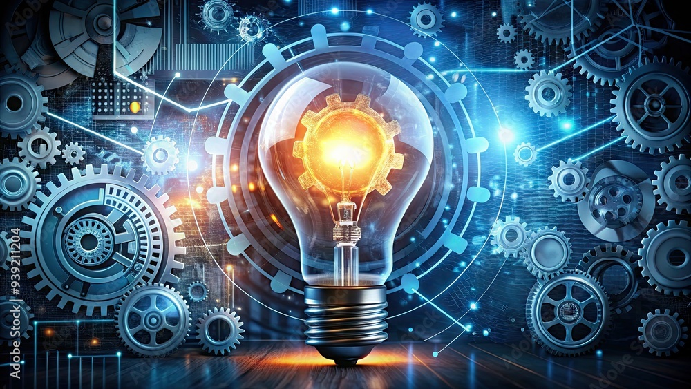 Stylized light bulb surrounded by gears, circuits, and charts, symbolizing innovative problem-solving, modern technology, and creative solutions in a futuristic, high-tech environment. Stylized light bulb surrounded by gears, circuits, and charts, symbolizing innovative problem-solving, modern technology, and creative solutions in a futuristic, high-tech environment.