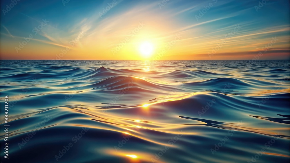 Stylized illustration of wavy sea surface with subtle texture, gentle ripples, and soft sunlight reflection, creating a calming and serene visual atmosphere.