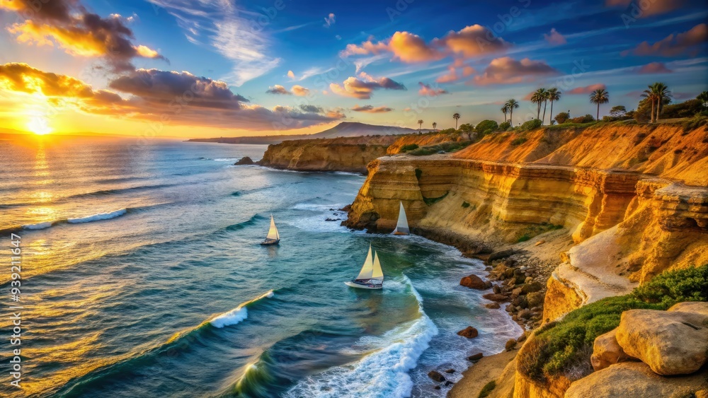 Sun-kissed scenic coastal landscape of Point Loma, San Diego, featuring rugged cliffs, turquoise ocean, and sailboats gliding across the horizon at golden hour. Sun-kissed scenic coastal landscape of Point Loma, San Diego, featuring rugged cliffs, turquoise ocean, and sailboats gliding across the horizon at golden hour.