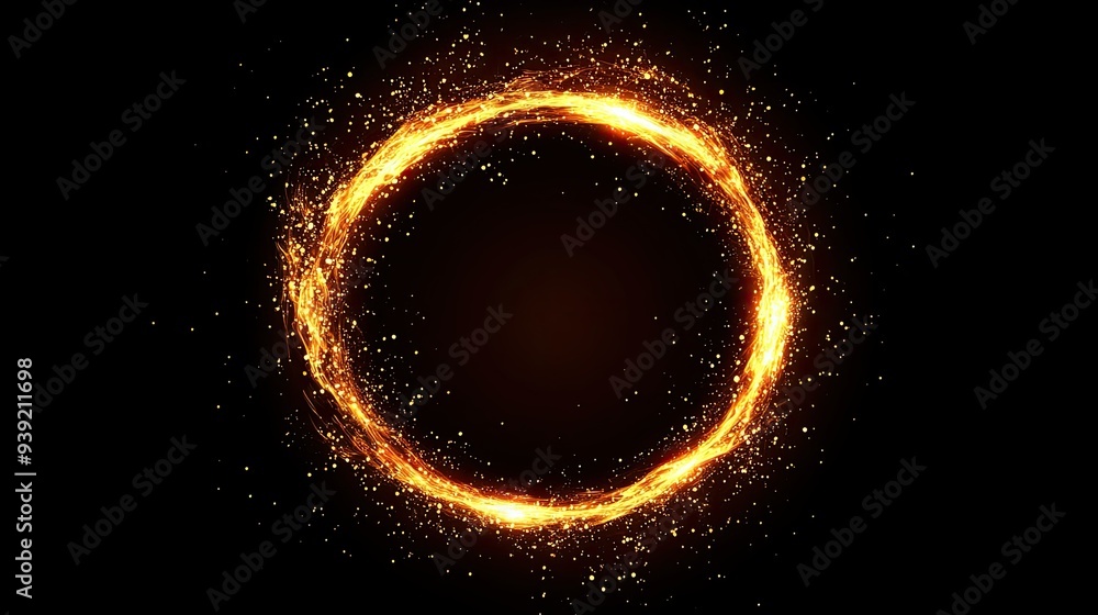 Fire circle or ring shape on dark black background. Abstract shiny sparkling fire particles Fire circle or ring shape on dark black background. Abstract shiny sparkling fire particles