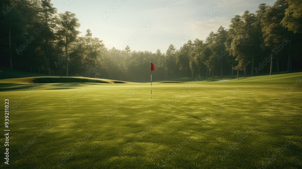 Obraz premium Vast, empty golf course with flag markers on distant greens