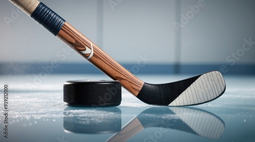 Ice Hockey Stick and Puck on Ice Rink