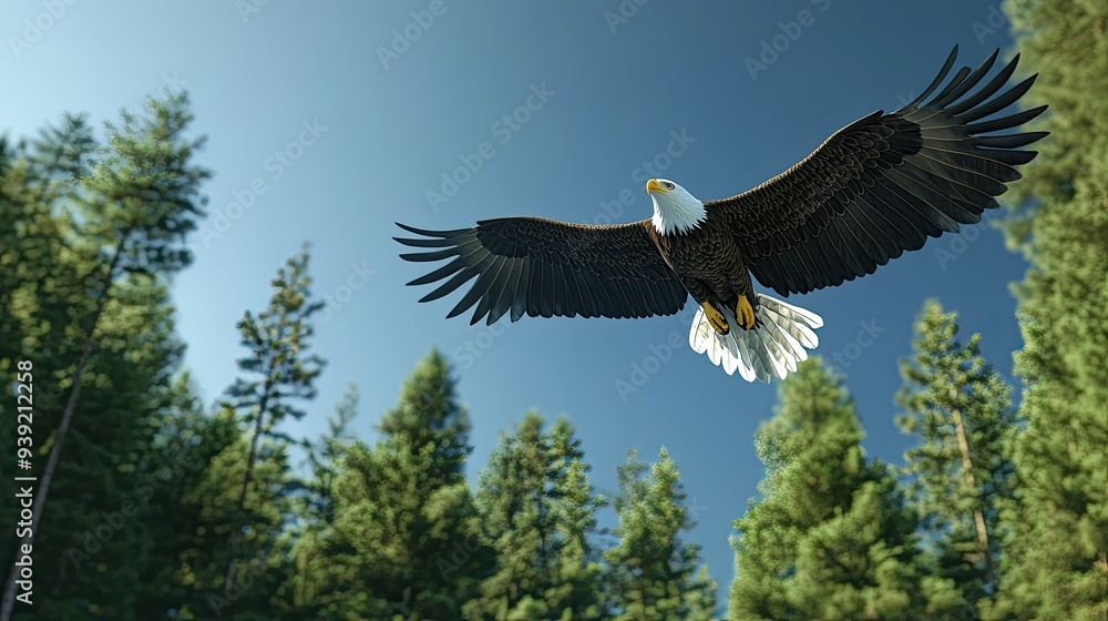 Naklejka premium A majestic bald eagle soaring high above a dense forest, its powerful wings spread wide against a clear blue sky