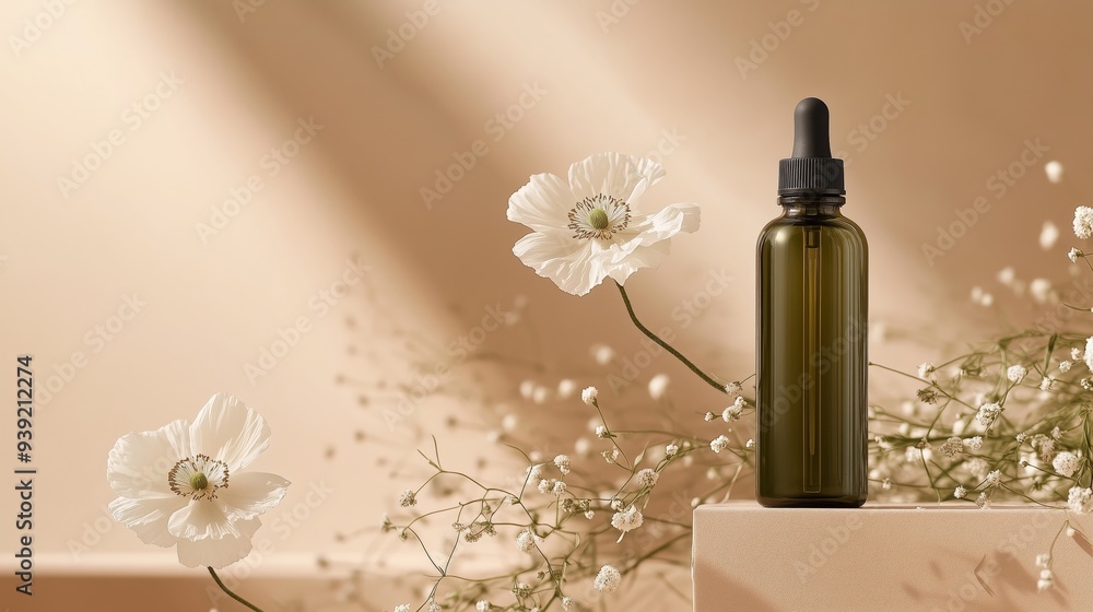 Olive green essential oil skin care product with the white poppies on the beige background. Olive green essential oil skin care product with the white poppies on the beige background.