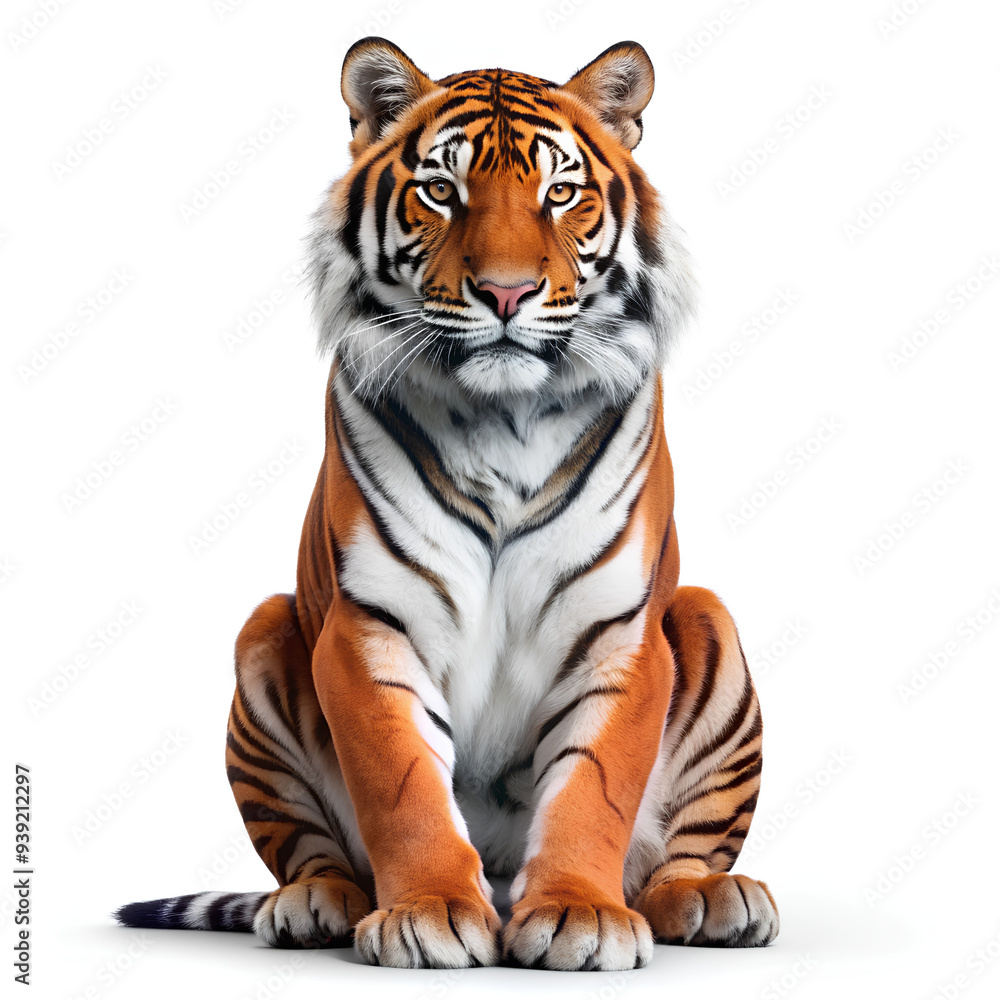 Fototapeta premium Tiger sitting with a powerful stance, isolated on white background, Clipping path