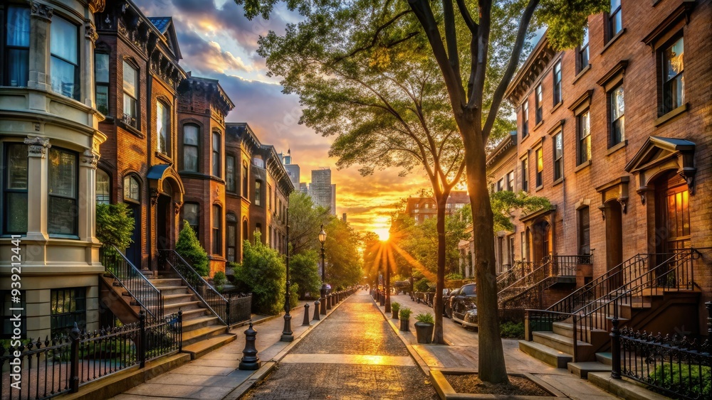 Sunset casts a warm glow on Jersey City's residential streets, lined with historic brownstones, tree-lined sidewalks, and urban amenities in the distance. Sunset casts a warm glow on Jersey City's residential streets, lined with historic brownstones, tree-lined sidewalks, and urban amenities in the distance.