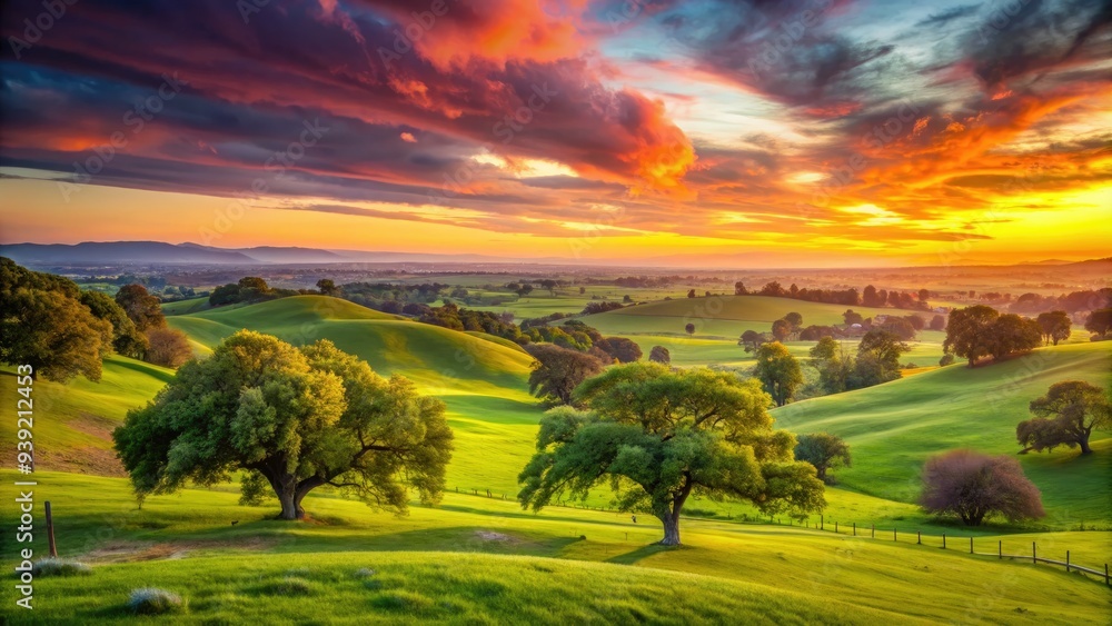 Fototapeta premium Sunset over tranquil Elk Grove landscape with lush green pastures, rolling hills, and majestic trees under a warm orange and pink sky.