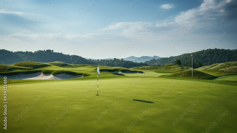 Obraz premium Vast, empty golf course with flag markers on distant greens
