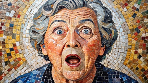 Mosaic Facial Surprise: Composed of small tiles or fragments, creating a mosaic of an elderly woman's shocked expression. photo