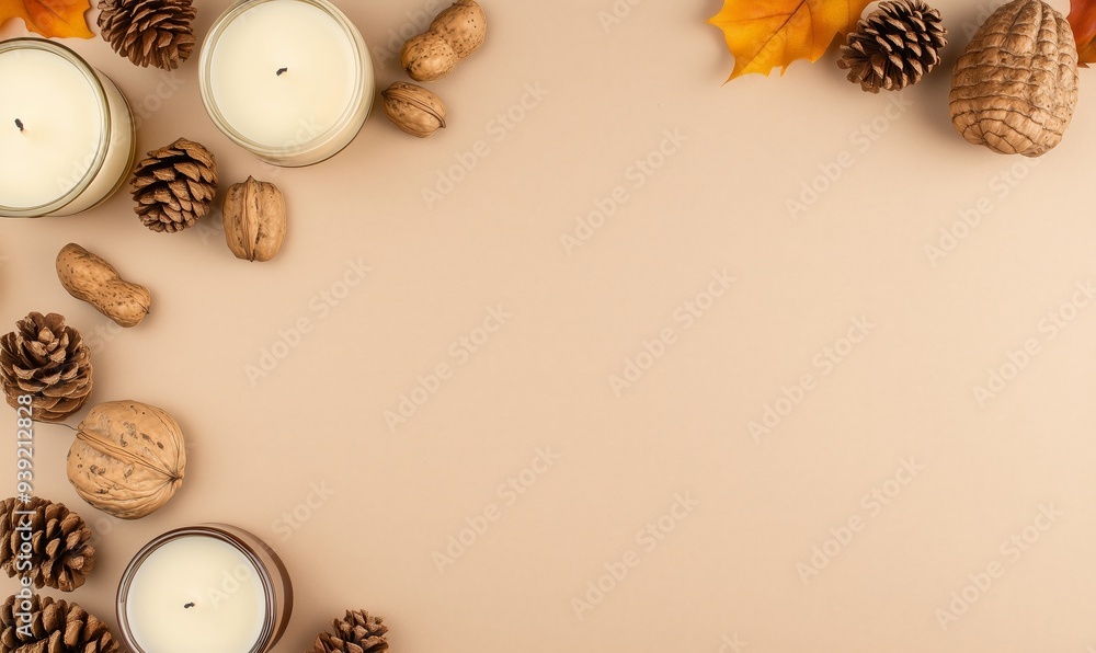 Fototapeta premium Craft paper background with autumn themed items like candles, walnuts and cones.