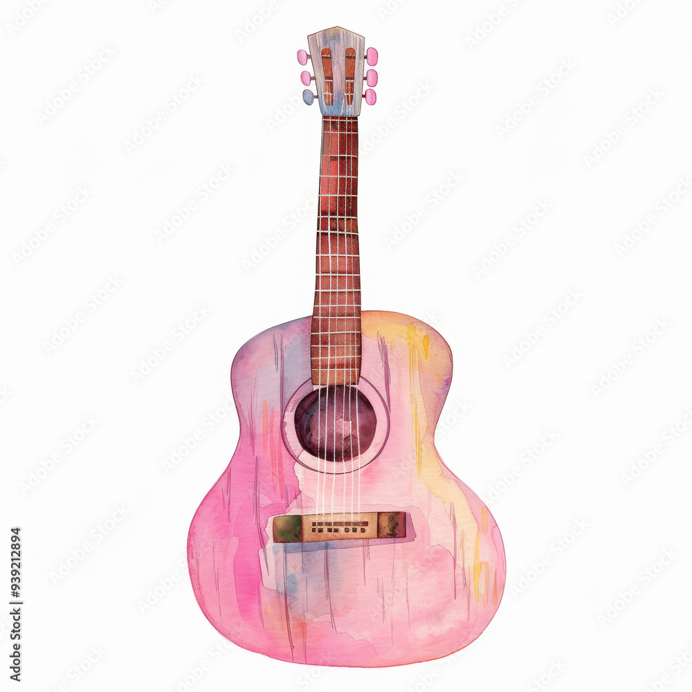 Obraz premium Watercolor Pink Acoustic Guitar Artistic Illustration of Musical Instrument