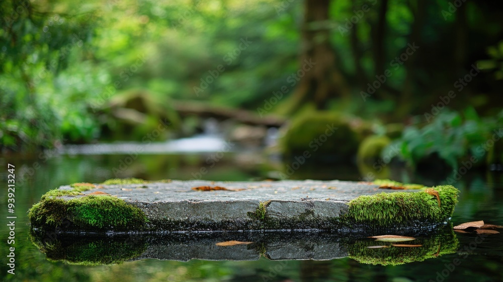 Front view of bare stone platform on water surface with forest floor, moss, ferns and stream trees in the background. Beautiful blurred natural scenery and space for displaying products Front view of bare stone platform on water surface with forest floor, moss, ferns and stream trees in the background. Beautiful blurred natural scenery and space for displaying products