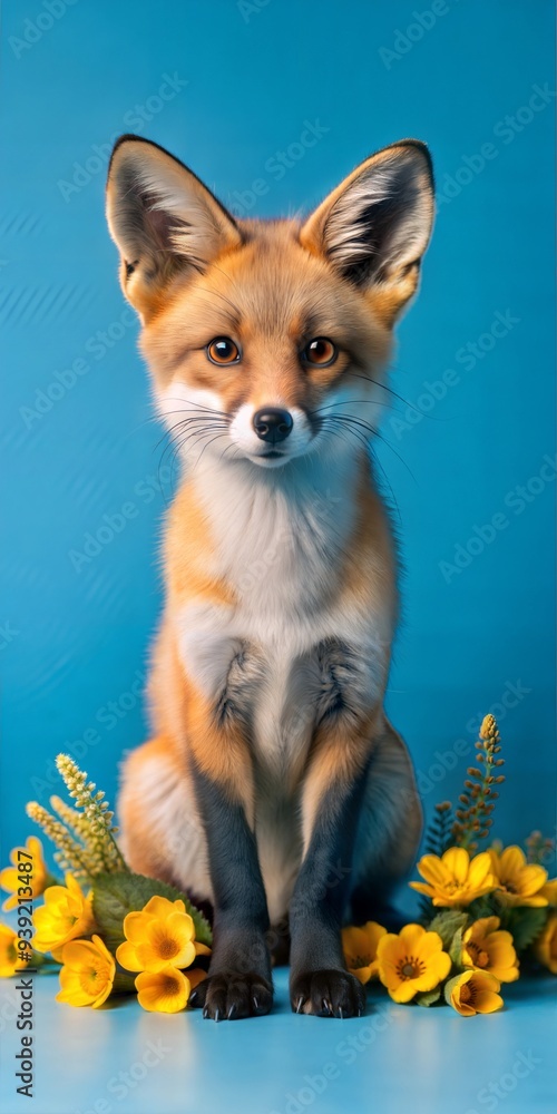 Charming Fox with Bright Eyes Sits Among Yellow Flowers on Vibrant Blue Background Charming Fox with Bright Eyes Sits Among Yellow Flowers on Vibrant Blue Background