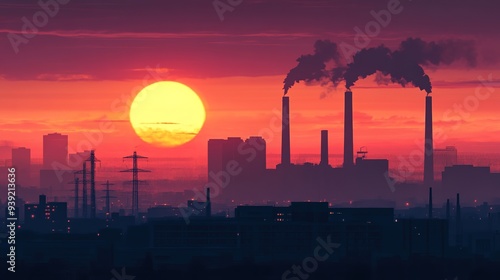 Factory and Chimneys Silhouetted Against a Sunset: A Dramatic Scene Featuring a Factory and Its Chimneys Backlit by a Stunning Sunset. 