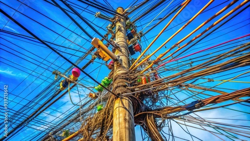 Tangled network of brightly colored power lines, communication cables, and fiber optic wires entwined around a weathered utility pole against a clear blue sky.