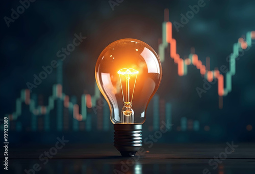 A glowing light bulb is in the foreground with a stock market graph in the background. symbolizes ideas, innovation, and growth