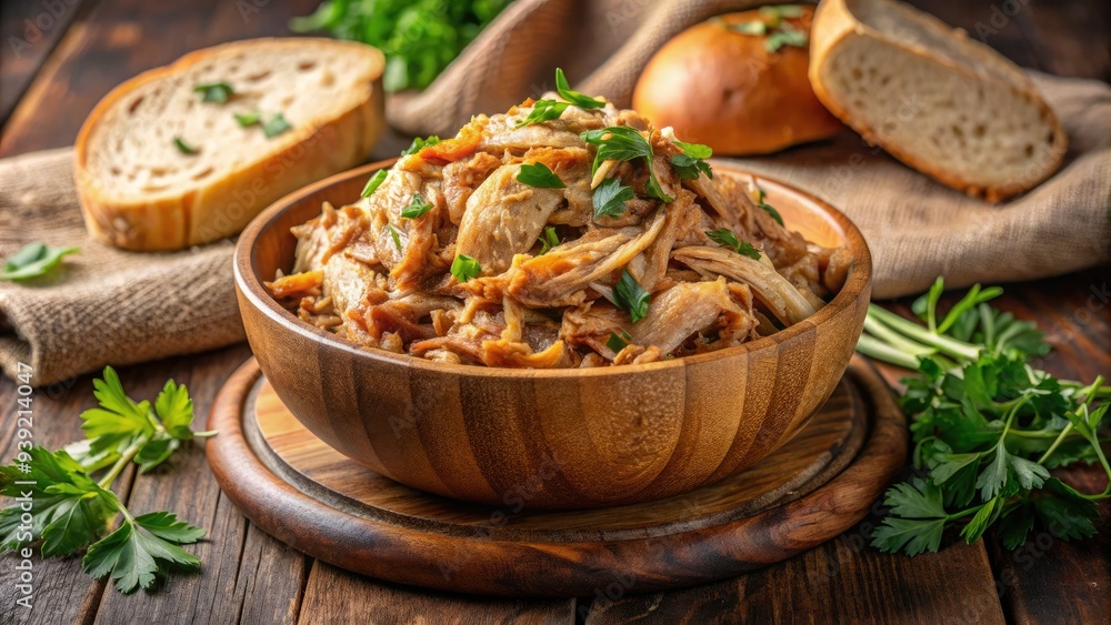 Tender pulled chicken in a wooden bowl, garnished with fresh herbs and served with crusty bread, evoking a cozy and comforting homemade meal atmosphere. Tender pulled chicken in a wooden bowl, garnished with fresh herbs and served with crusty bread, evoking a cozy and comforting homemade meal atmosphere.