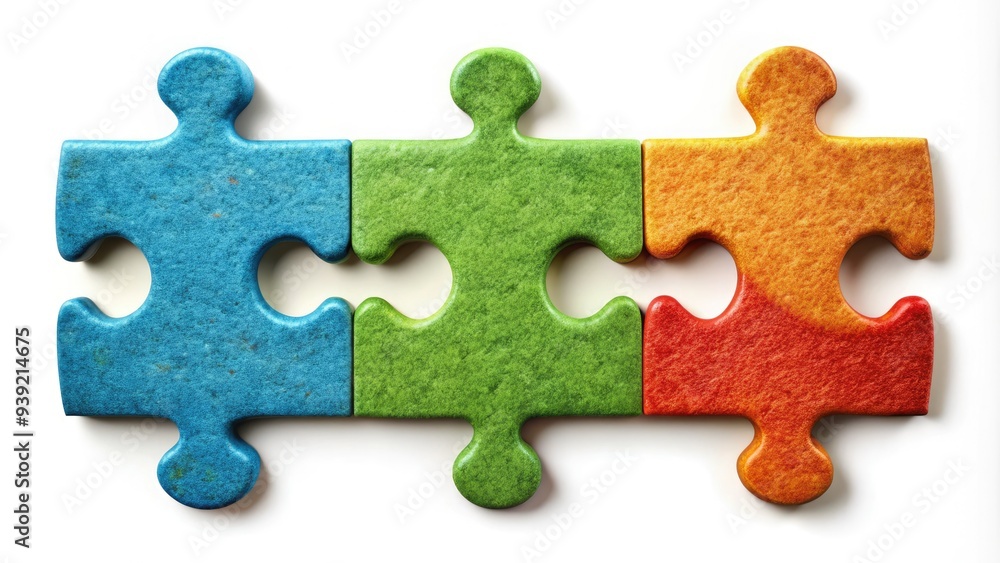 Fototapeta premium Three colorful puzzle pieces with rounded edges and different textures fitting together seamlessly, symbolizing unity, cooperation, and problem-solving, against a plain white background.