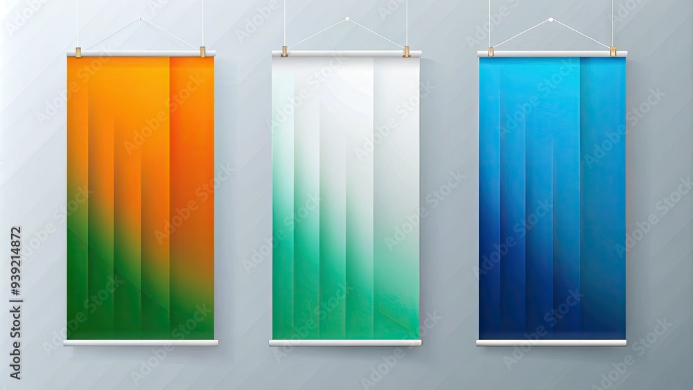 Three Vertical Banners Hang Side-By-Side With A White Background And A Gradient Blue, Green, And Orange Color Scheme Three Vertical Banners Hang Side-By-Side With A White Background And A Gradient Blue, Green, And Orange Color Scheme