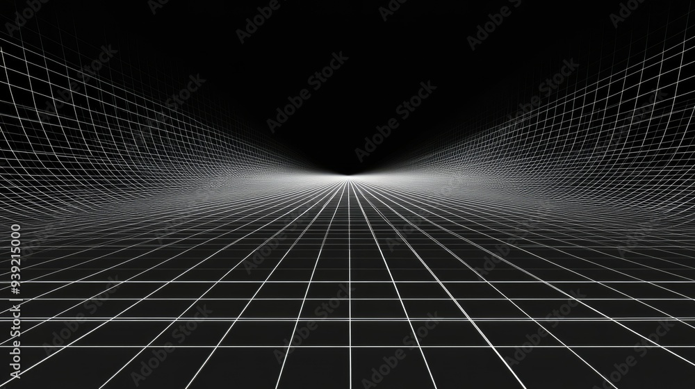 Naklejka premium Futuristic perspective grid box. Abstract wireframe with white grid line on black background. Virtual reality landscape in 80s 90s digital style. Vector illustration