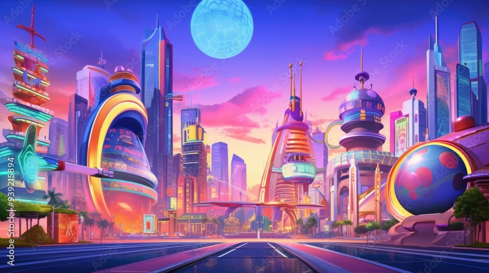 Fototapeta premium Vibrant anime cityscape at sunset with neon signs and skyscrapers