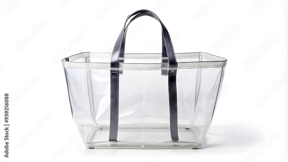 Transparent plastic tote bag with empty white interior, foldable design, and sturdy straps, isolated on a white background, blank space for custom branding. Transparent plastic tote bag with empty white interior, foldable design, and sturdy straps, isolated on a white background, blank space for custom branding.
