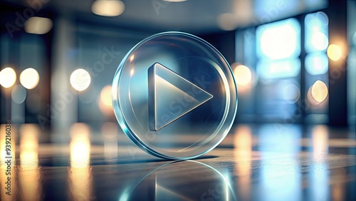 Transparent glass play button with a subtle glow effect, hovering above a blurred background, conveying a sense of modernity and sleek design.