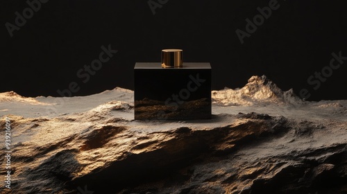 Golden Rock Pedestal Showcase Men's Perfume and Skincare Products with a Dark, Mysterious Martian Landscape