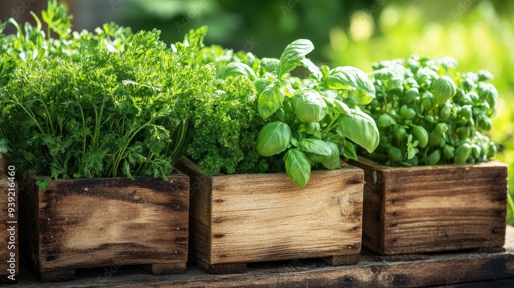 Fototapeta premium Growing herbs with parsley chives and basil in wooden containers