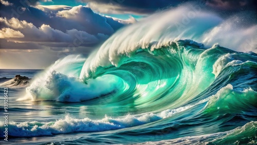 Turquoise ocean swells crash against the dark mysterious abyss, sunlight barely penetrating the surface as powerful deep sea waves undulate and churn with immense energy. photo