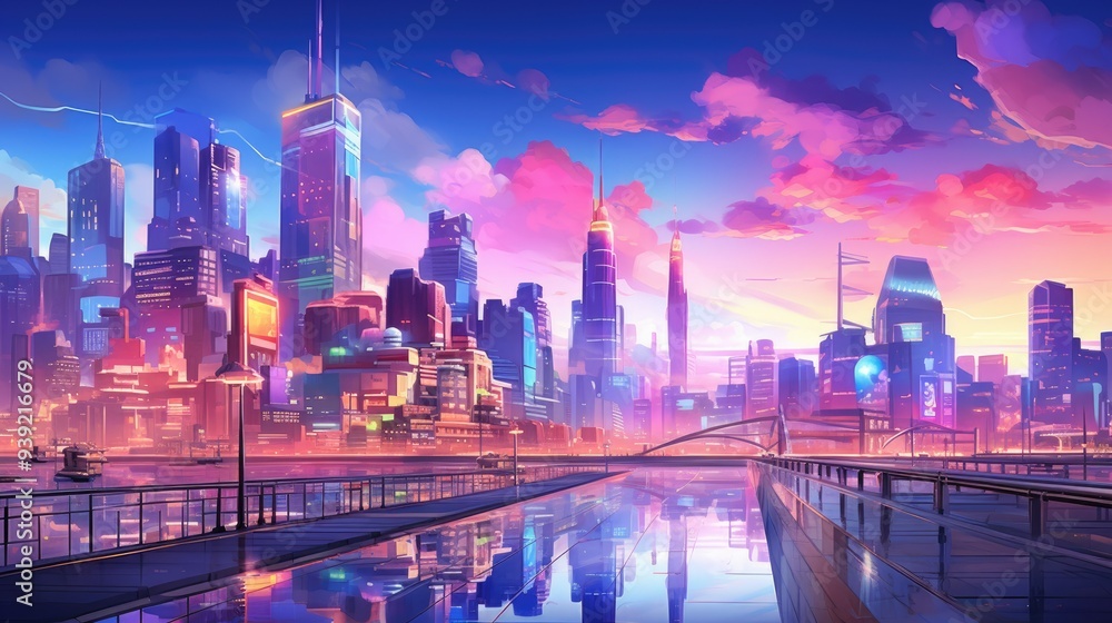 Obraz premium Vibrant anime cityscape at sunset with neon signs and skyscrapers