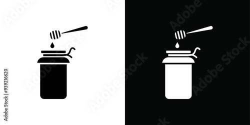 Honey jar with dipper icon Black line art vector logo set