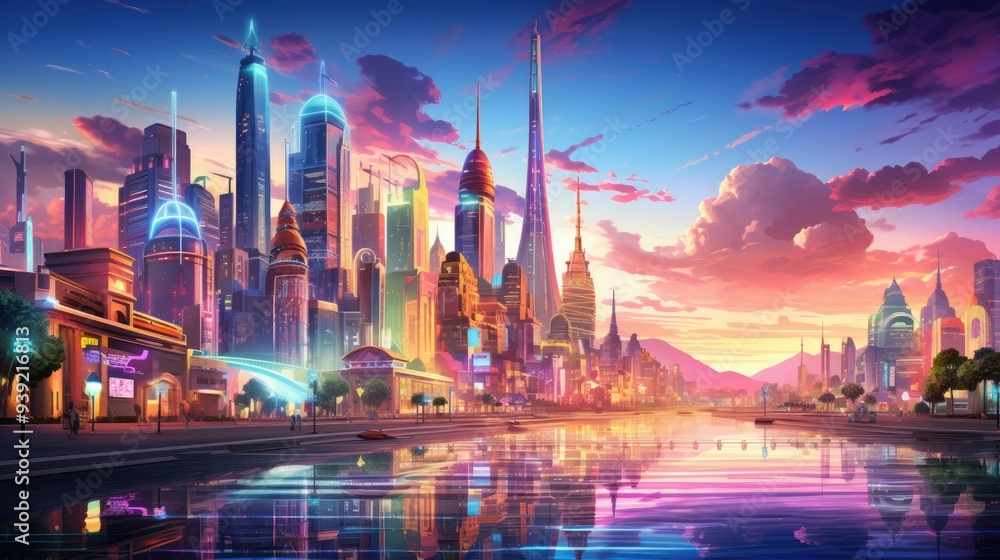 Fototapeta premium Vibrant anime cityscape at sunset with neon signs and skyscrapers