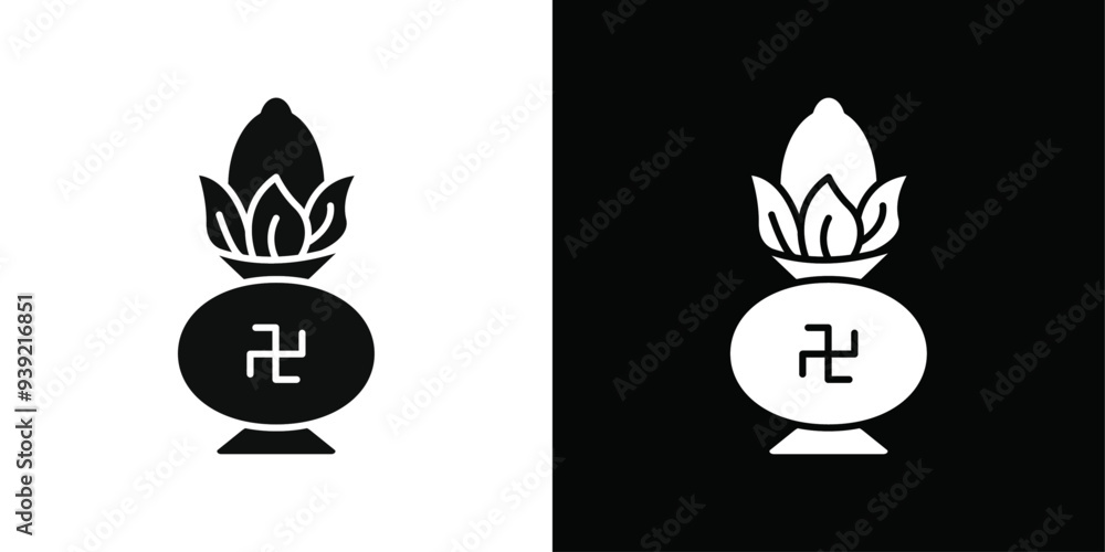 Kalash with coconut icon Black line art vector logo set Kalash with coconut icon Black line art vector logo set