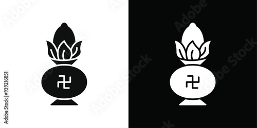 Kalash with coconut icon Black line art vector logo set