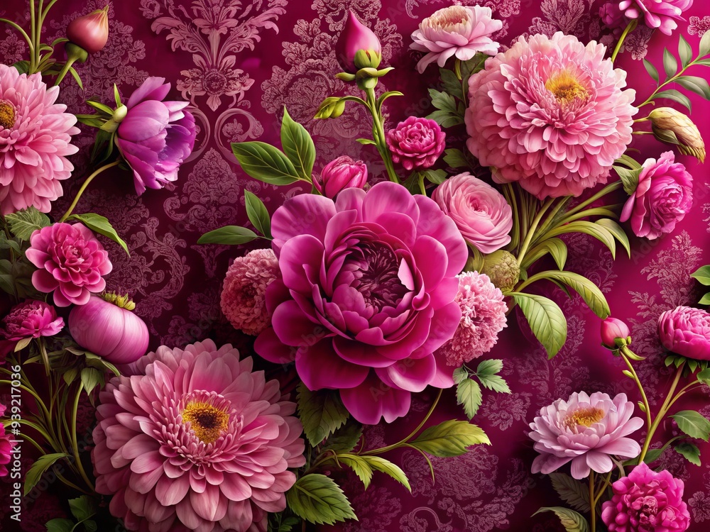 Opulent Bloom: Lush pink flowers on a rich magenta background, luxurious and sophisticated, painterly and realistic, focus on light and shadow, detailed and ornate. Opulent Bloom: Lush pink flowers on a rich magenta background, luxurious and sophisticated, painterly and realistic, focus on light and shadow, detailed and ornate.
