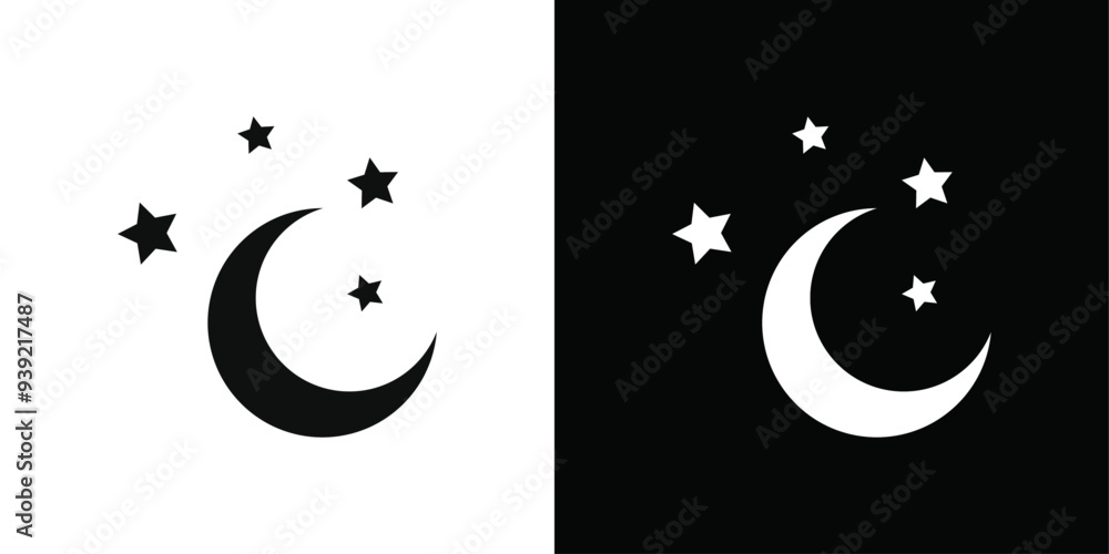 Fototapeta premium Moon and stars icon Black line art vector logo set