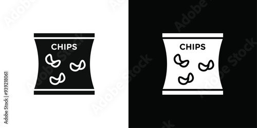 Potato chips Snacks bag icon Black line art vector logo set